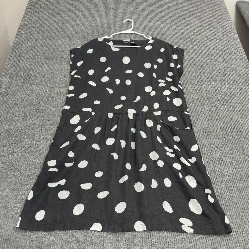 Marimekko Dress Women 40 Black Linen Polka Dot Short Sleeve Pockets Summer Style